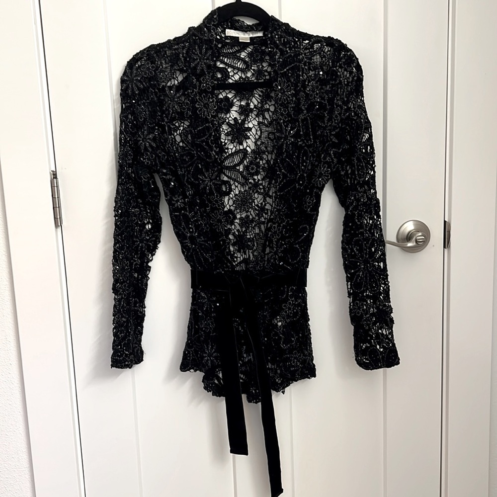 Boston Proper Black Floral Crochet Sequin Jacket.
